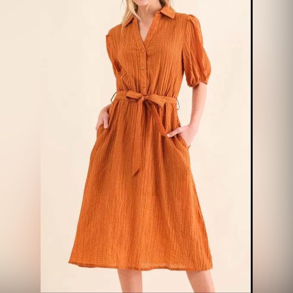 Elegant Orange Midi Dress Button Front, Belted Waist